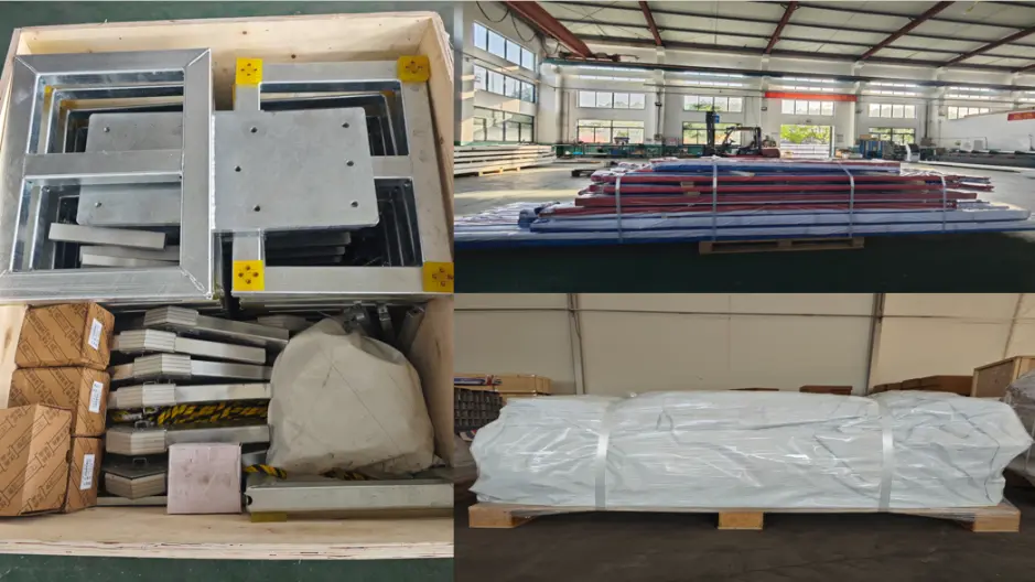 Packed tent components prepared for shipment